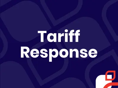 Blue background with white text reading 'Tariff Response' and various municipality and college logos at bottom