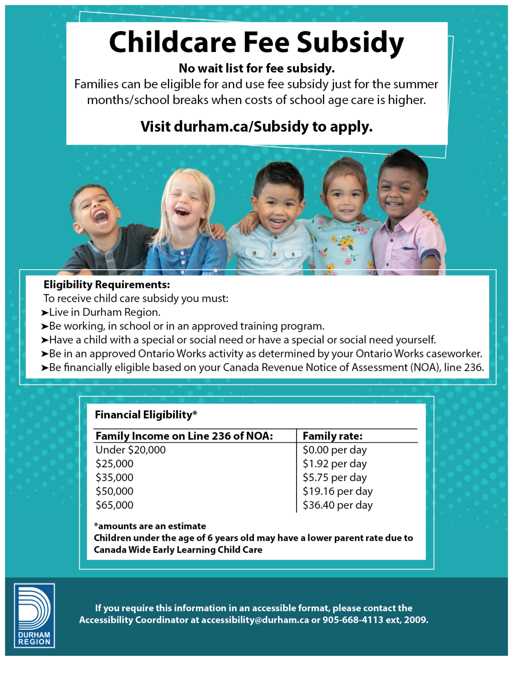 poster that lists financial eligibility for the child care fee subsidy