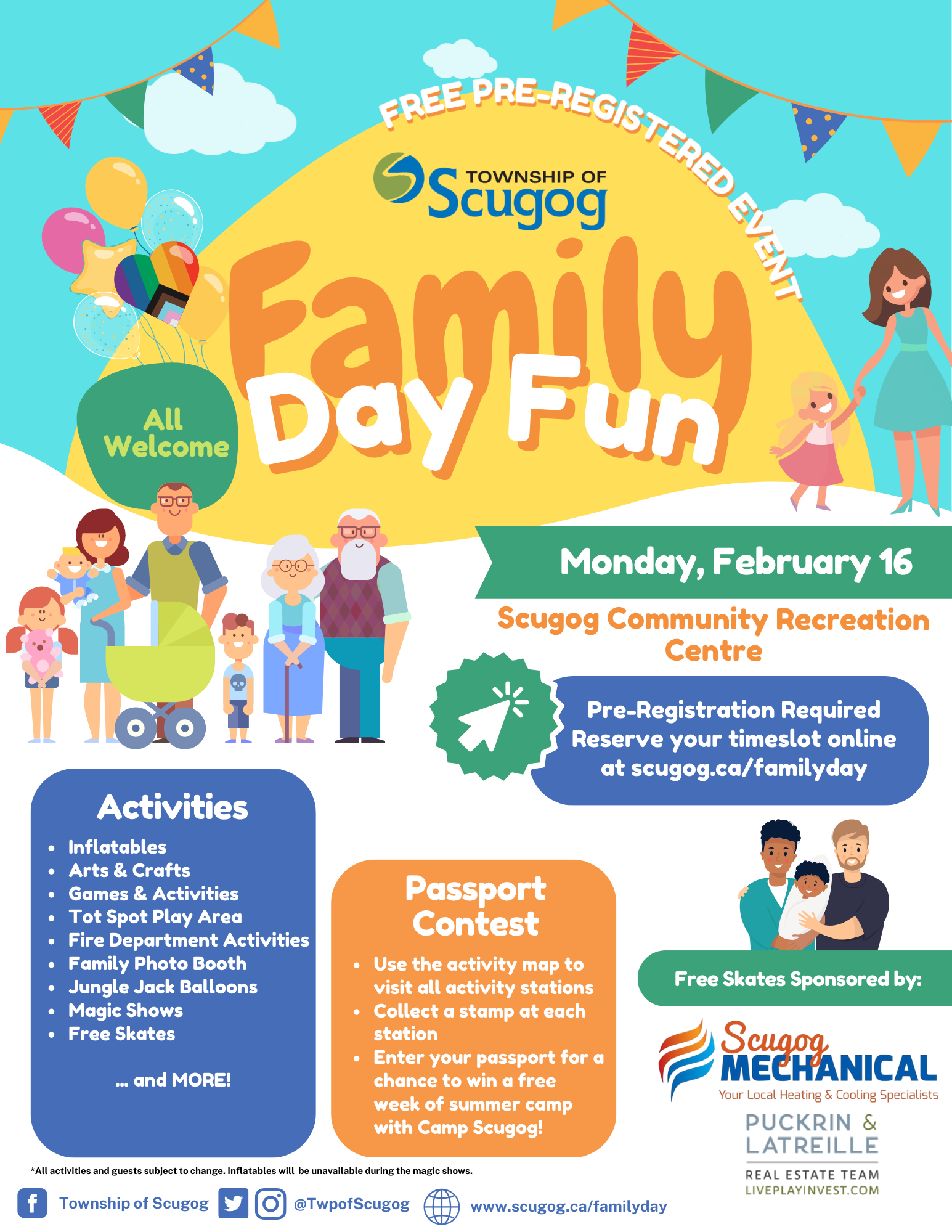 poster that includes cartoon families in bright colours with information on the event
