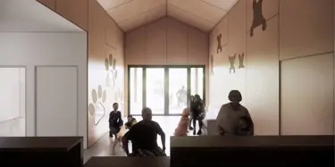 interior lobby with patrons, animals, and animal-based decals on walls