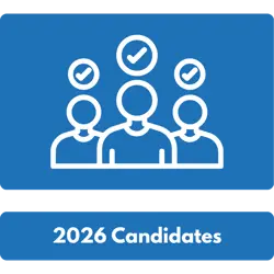 Icon of a group of three people with check marks above their heads, with caption below reading '2026 Candidates'