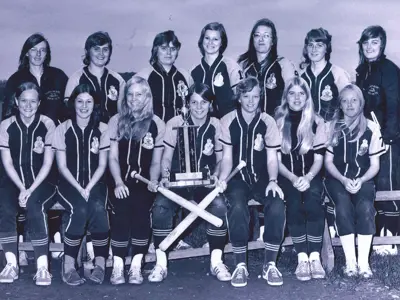 black and white team photo of the 1973 Port Perry Ladies Minor Softball team