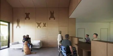 interior lobby with patrons, accessible front desk, and animal-based decals on walls