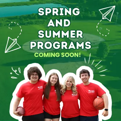 Text saying spring and summer programs coming soon with young camp counsellors with arms around each others shoulders