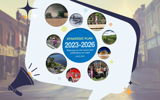 Text bubble overlayed on photo of Queen Street with photos of town and caption in middle reading 'Strategic Plan 2023-2026, Planning for the future and celebrating our past. June 2023'