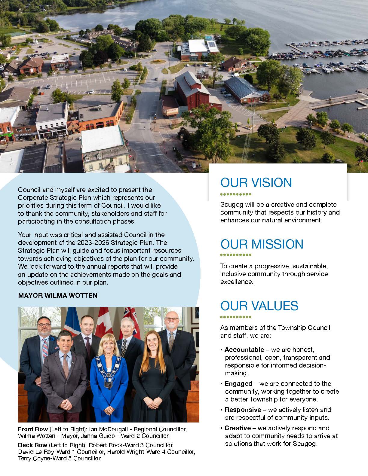 Council and waterfront images with Vision, Mission and Value statements