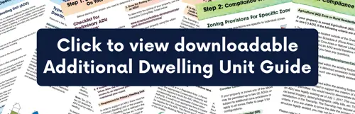 Scattered pages from ADU Guide and overlaid text in dark blue bubble reading 'Click to view downloadable Additional Dwelling Unit Guide'