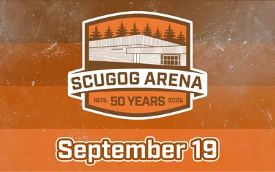 Scugog Arena 50th Celebration logo on brown to red gradient background with text below reading 'September 19'