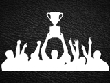 White icon of team hoisting trophy on leather background