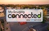 Blurred background of aerial shot of downtown Port Perry with My Scugog Connected logo overlayed in white box