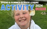 Girl holding roasted marshmallow on stick with heading reading 'Spring & Summer Scugog Leisure Activity Guide 2024'