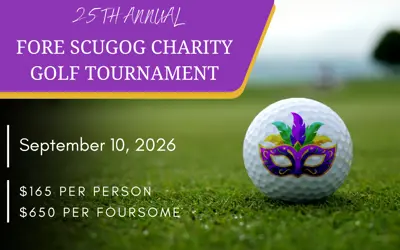 Mardi Gras mask overlaid on golf ball with text boxes reading '25th Annual Fore Scugog Charity Golf Tournament', 'September 10, 2026', '$165 per person', and '$650 per foursome'.