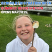 girl smiling while holding roasted marshmallow on a stick, text above reading 'Spring Registration Open, Summer Registration Open March 25'