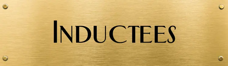Gold plaque with centred black text reading "inductees"