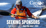person in kayak with overlayed text reading 'Seeking Sponsors, scugog.ca/canoe, Race Day June 1, 2024" and Canoe the Nonquon logo in top right corner