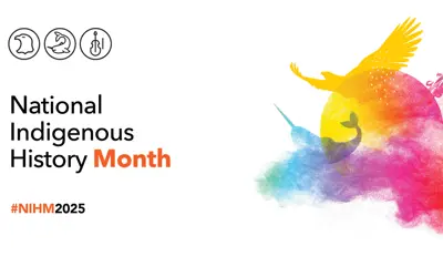 Text reading 'National Indigenous History Month #NIHM2025' and colourful design on right-hand side of the sun, a narwahl, bird, and cello