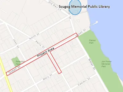 Queen Street map highlighting Queen Street, Perry Street, and the Scugog Library