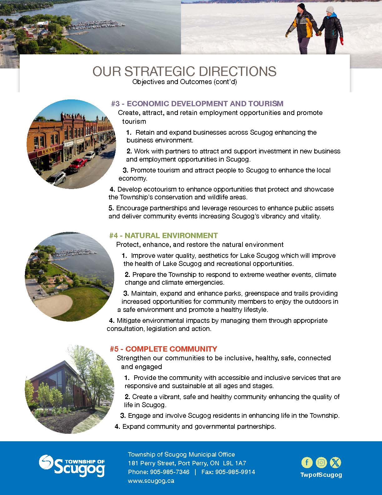 Scugog images with Strategic Directions #3 Economic Development and Tourism, #4 Natural Environment, #5 Complete Community