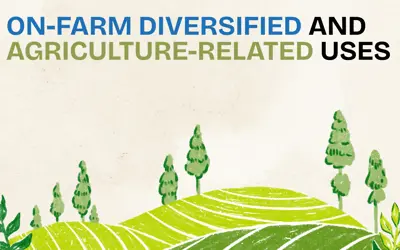 Beige background with footer of farmer field, with header reading 'On-Farm Diversified and Agriculture-Related Uses'
