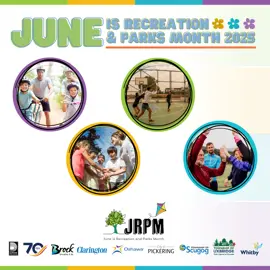 Green and blue text at top saying 'June is Recreation & Parks Month 2025,' four circle photos in middle with family biking, group huddle, basketball game, and two people high fiving, JRPM logo and local municipality logos at the bottom