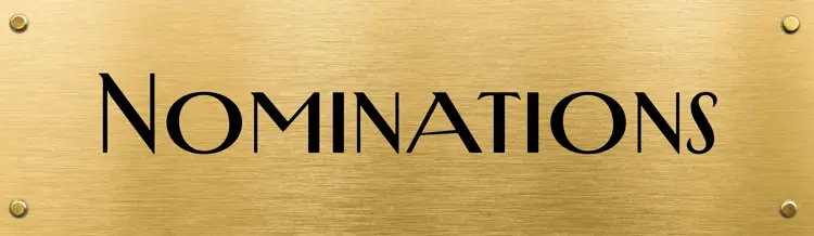 Gold plaque with centred black text reading "Nominations"