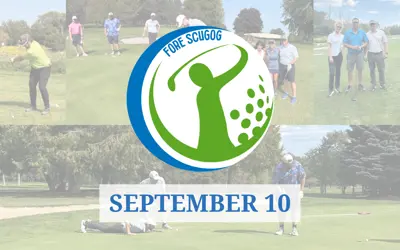 De-saturated photo collage of people playing golf at Sunnybrae with overlaid Fore Scugog Charity Golf Tournament logo with text below reading 'September 10'